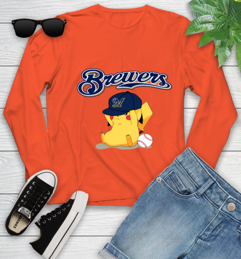 MLB Pikachu Baseball Sports Milwaukee Brewers Youth Long Sleeve 4