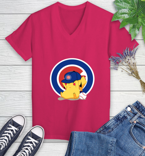 MLB Pikachu Baseball Sports Chicago Cubs Women's V-Neck T-Shirt 9