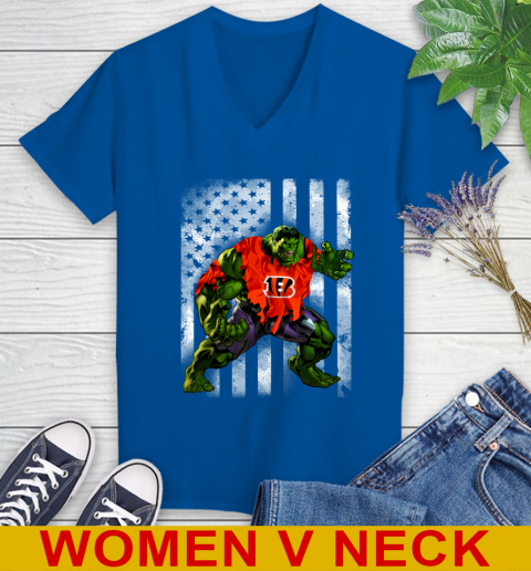 Cincinnati Bengals Hulk Marvel Avengers NFL Football American Flag Women's V-Neck T-Shirt 9