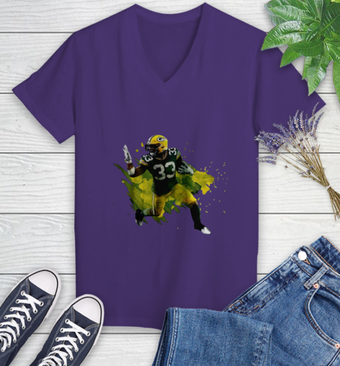 Aaron Jones Running Green Bay Packers Women's V-Neck T-Shirt 3