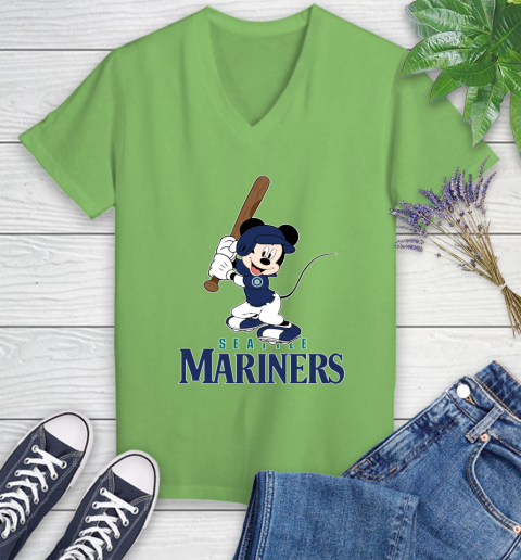 MLB Baseball Seattle Mariners Cheerful Mickey Mouse Shirt Women's V-Neck T-Shirt 9