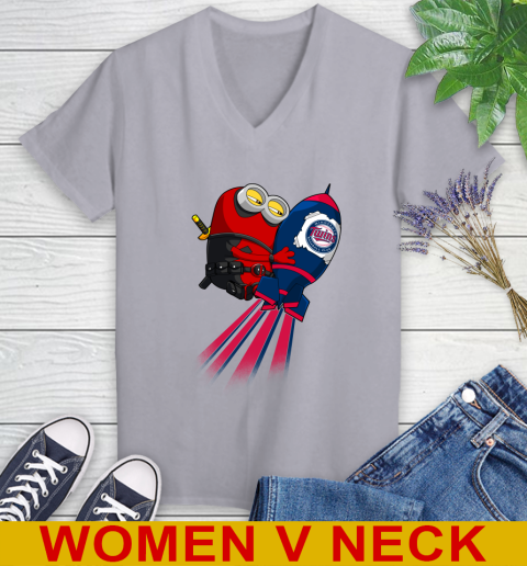 MLB Baseball Minnesota Twins Deadpool Minion Marvel Shirt Women's V-Neck T-Shirt 4