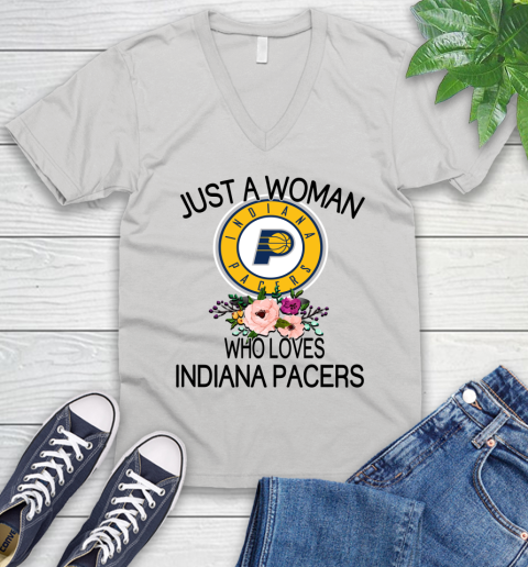 NBA Just A Woman Who Loves Indiana Pacers Basketball Sports V-Neck T-Shirt
