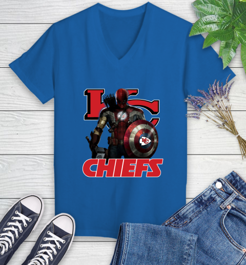 NFL Captain America Thor Spider Man Hawkeye Avengers Endgame Football Kansas City Chiefs Women's V-Neck T-Shirt 10