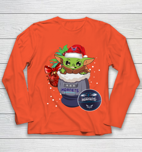 Charlotte Hornets Christmas Baby Yoda Star Wars Funny Happy NBA Youth Long Sleeve 4