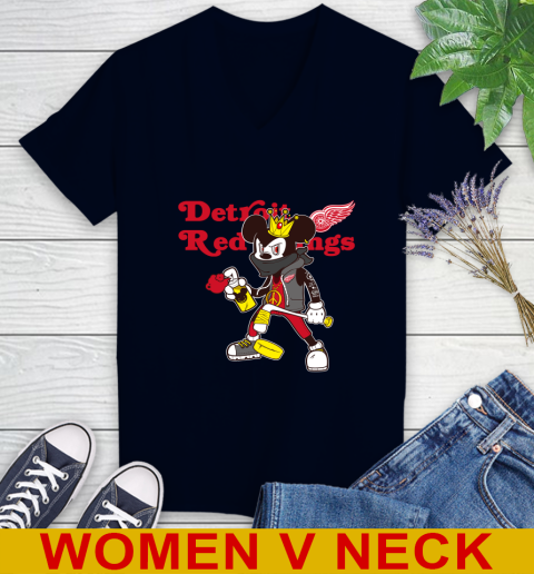 Detroit Red Wings NHL Hockey Mickey Peace Sign Sports Women's V-Neck T-Shirt 3