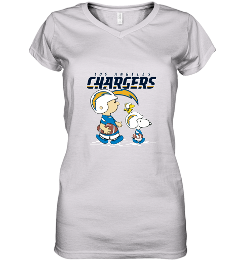 Los Angeles Chargers Let's Play Football Together Snoopy NFL Women's V-Neck T-Shirt