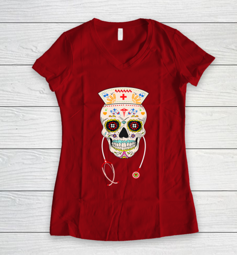 Nurse Sugar Skull Shirt Halloween Day Of The Dead Dia De Los Women's V-Neck T-Shirt 8