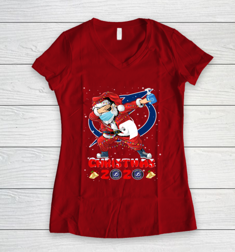 Tampa Bay Lightning Funny Santa Claus Dabbing Christmas 2020 NHL Women's V-Neck T-Shirt 8