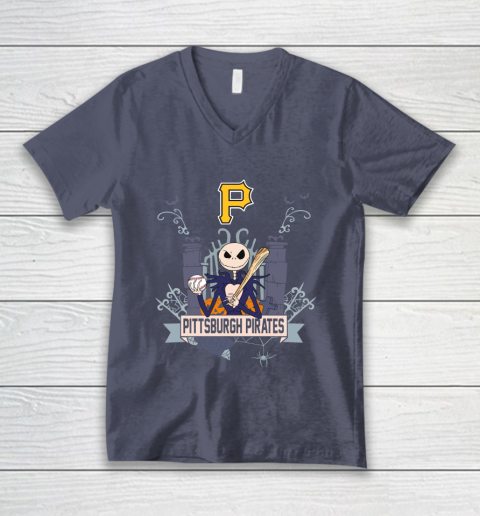 MLB Pittsburgh Pirates Baseball Jack Skellington Halloween V-Neck T-Shirt 7