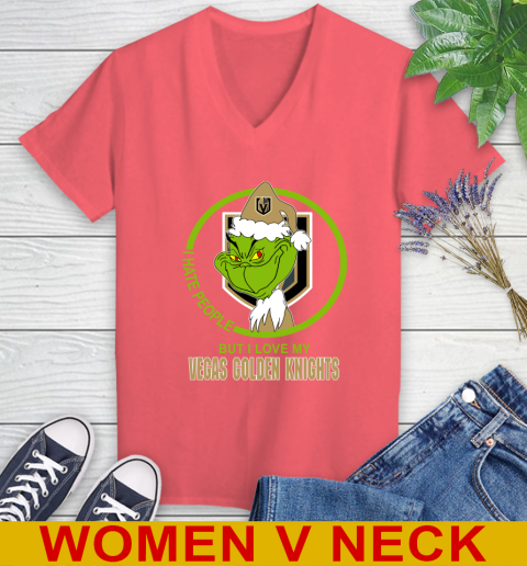 Vegas Golden Knights NHL Christmas Grinch I Hate People But I Love My Favorite Hockey Team Women's V-Neck T-Shirt 7
