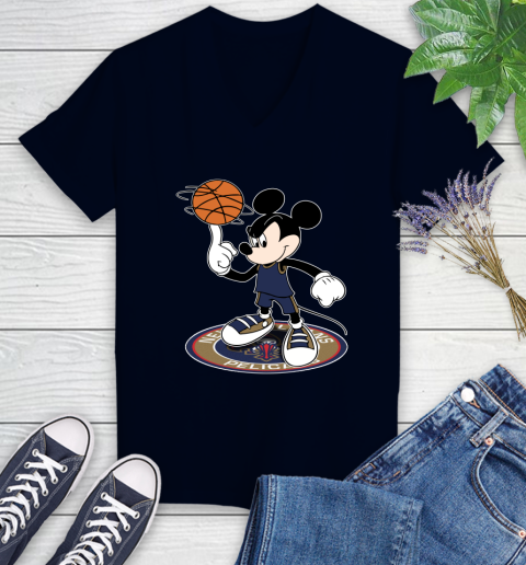 NBA Basketball New Orleans Pelicans Cheerful Mickey Disney Shirt Women's V-Neck T-Shirt 3
