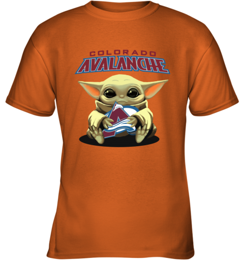 uhns baby yoda hugs the colorado avalanche youth t shirt 26 front safety orange