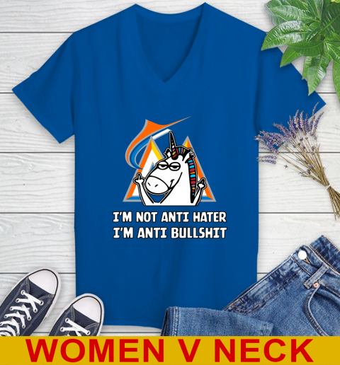 Miami Marlins MLB Baseball Unicorn I'm Not Anti Hater I'm Anti Bullshit Women's V-Neck T-Shirt 11