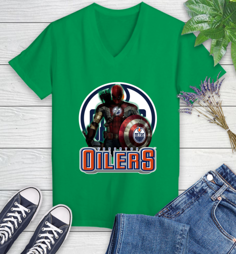 NHL Captain America Thor Spider Man Hawkeye Avengers Endgame Hockey Edmonton Oilers Women's V-Neck T-Shirt 5