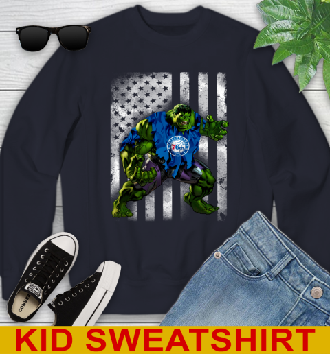 Philadelphia 76ers Hulk Marvel Avengers NBA Basketball American Flag Youth Sweatshirt 2