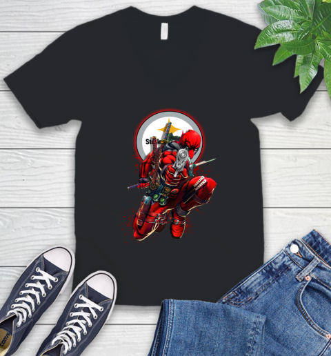 NFL Deadpool Marvel Comics Sports Football Pittsburgh Steelers V-Neck T-Shirt 2
