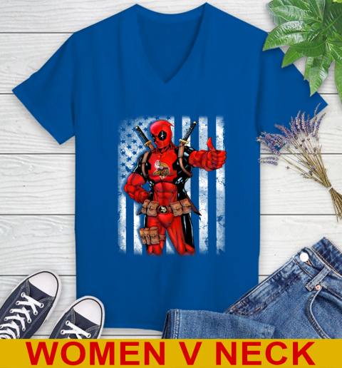 NFL Football Minnesota Vikings Deadpool American Flag Shirt Women's V-Neck T-Shirt 9