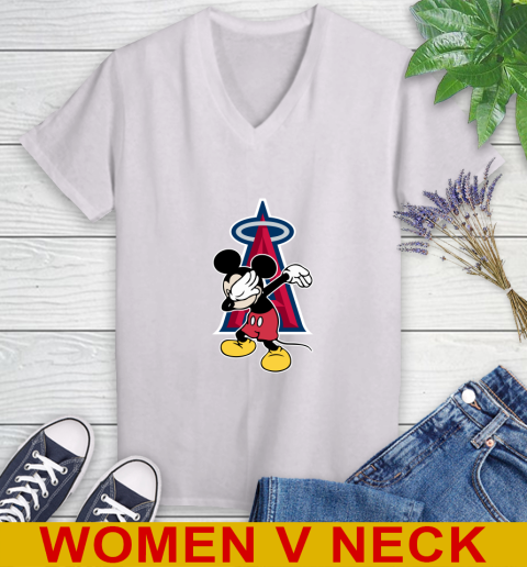 Los Angeles Angels MLB Baseball Dabbing Mickey Disney Sports Women's V-Neck T-Shirt