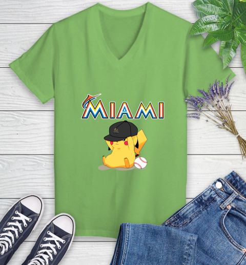 MLB Pikachu Baseball Sports Miami Marlins Women's V-Neck T-Shirt 11