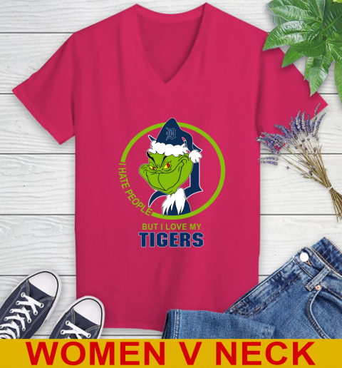 Detroit Tigers MLB Christmas Grinch I Hate People But I Love My Favorite Baseball Team Women's V-Neck T-Shirt 10