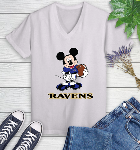 NFL Football Baltimore Ravens Cheerful Mickey Mouse Shirt Women's V-Neck T-Shirt 2