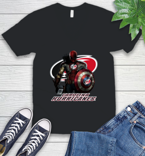NHL Captain America Thor Spider Man Hawkeye Avengers Endgame Hockey Carolina Hurricanes V-Neck T-Shirt 2