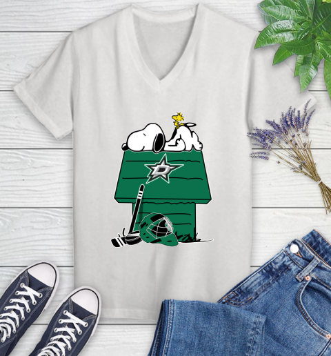 Dallas Stars NHL Hockey Snoopy Woodstock The Peanuts Movie Women's V-Neck T-Shirt