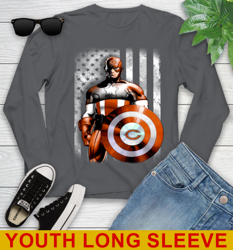 Chicago Bears NFL Football Captain America Marvel Avengers American Flag Shirt Youth Long Sleeve 9