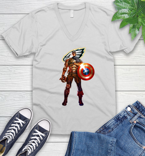 NFL Captain America Marvel Avengers Endgame Football Sports Philadelphia Eagles V-Neck T-Shirt
