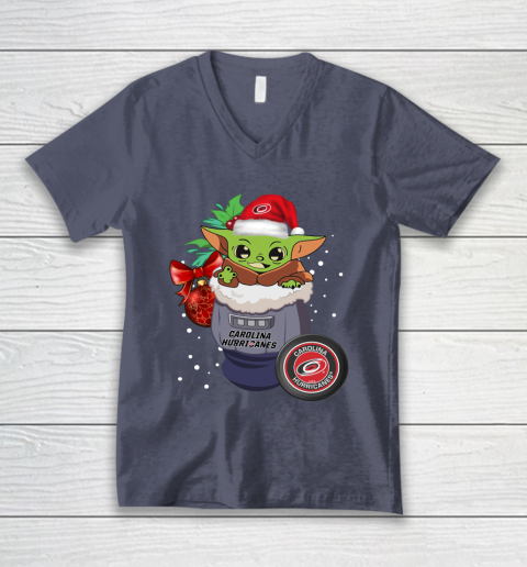 Carolina Hurricanes Christmas Baby Yoda Star Wars Funny Happy NHL V-Neck T-Shirt 8
