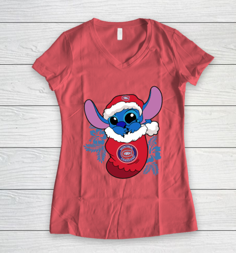 Montreal Canadiens Christmas Stitch In The Sock Funny Disney NHL Women's V-Neck T-Shirt 6
