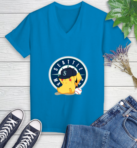 MLB Pikachu Baseball Sports Seattle Mariners Women's V-Neck T-Shirt 7