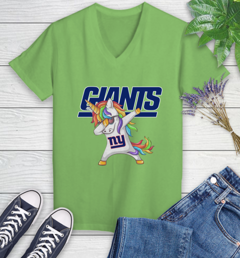 New York Giants NFL Football Funny Unicorn Dabbing Sports Women's V-Neck T-Shirt 11