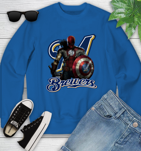 MLB Captain America Thor Spider Man Hawkeye Avengers Endgame Baseball Milwaukee Brewers Youth Sweatshirt 8