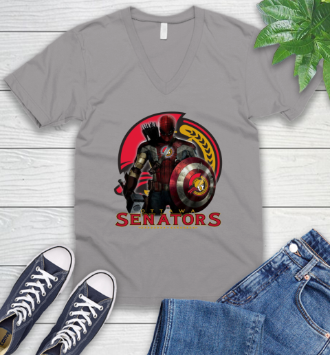 NHL Captain America Thor Spider Man Hawkeye Avengers Endgame Hockey Ottawa Senators V-Neck T-Shirt 4