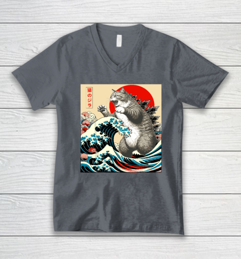 Catzilla Cat Japanese Art Funny Cat V-Neck T-Shirt 3