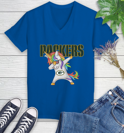 Green Bay Packers NFL Football Funny Unicorn Dabbing Sports Women's V-Neck T-Shirt 10