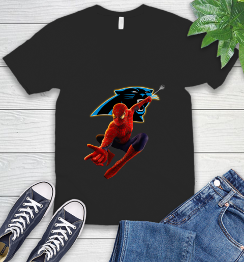 NFL Spider Man Avengers Endgame Football Carolina Panthers V-Neck T-Shirt 2