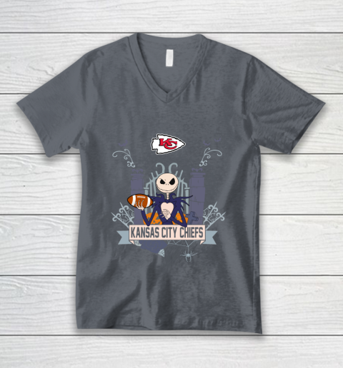NFL Kansas City Chiefs Football Jack Skellington Halloween V-Neck T-Shirt 4