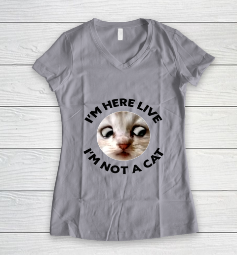 I m Here Live I m Not a Cat Zoom Cat Meme Humor Gifts Women's V-Neck T-Shirt 2