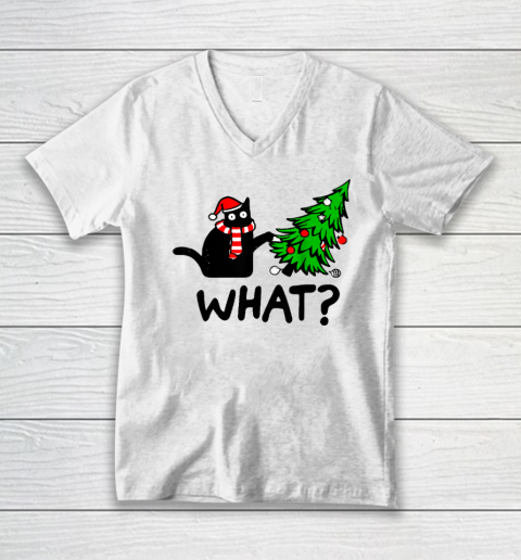 Funny Black Cat Gift Pushing Christmas Tree Over Cat What V-Neck T-Shirt