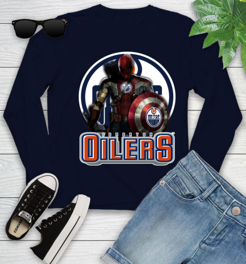 NHL Captain America Thor Spider Man Hawkeye Avengers Endgame Hockey Edmonton Oilers Youth Long Sleeve 3