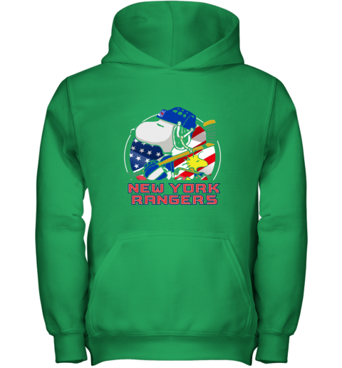 otfx new york rangersnoopy and woodstock nhl youth hoodie 43 front irish green