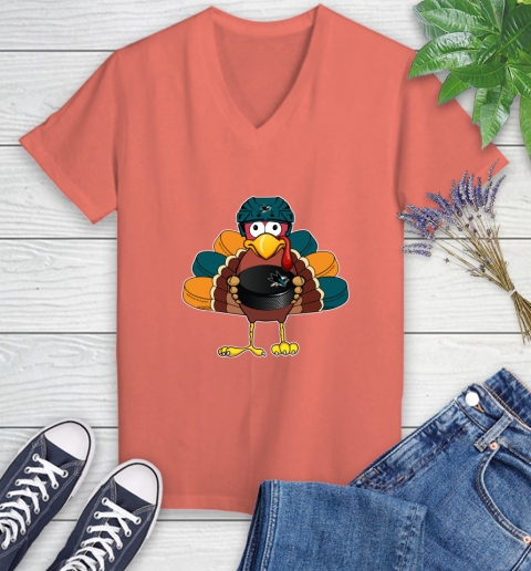 San Jose Sharks Turkey Thanksgiving Day Women's V-Neck T-Shirt 6