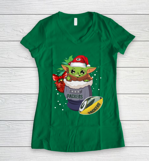Green Bay Packers Christmas Baby Yoda Star Wars Funny Happy NFL Women's V-Neck T-Shirt 5