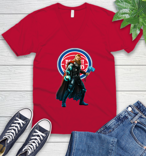 NBA Thor Avengers Endgame Basketball Detroit Pistons V-Neck T-Shirt 7
