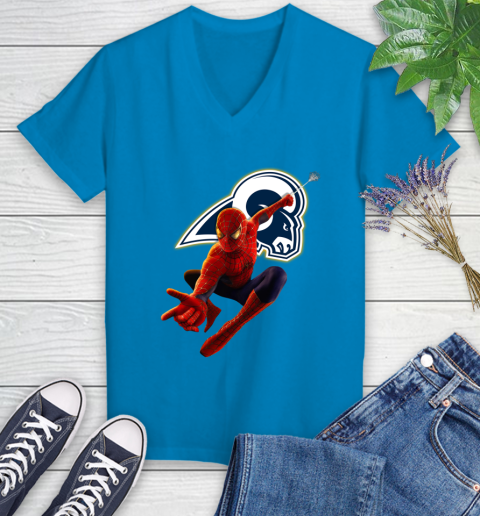 NFL Spider Man Avengers Endgame Football Los Angeles Rams Women's V-Neck T-Shirt 7