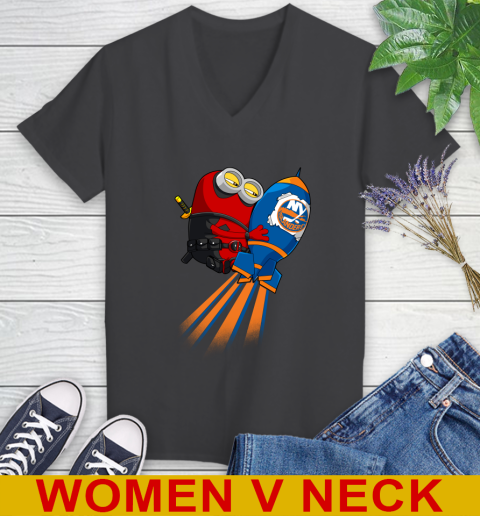 NHL Hockey New York Islanders Deadpool Minion Marvel Shirt Women's V-Neck T-Shirt 8