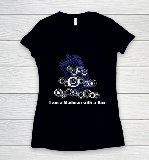 Doctor Who Shirt I am a Madman with a Box  Timelord Writing Women's V-Neck T-Shirt